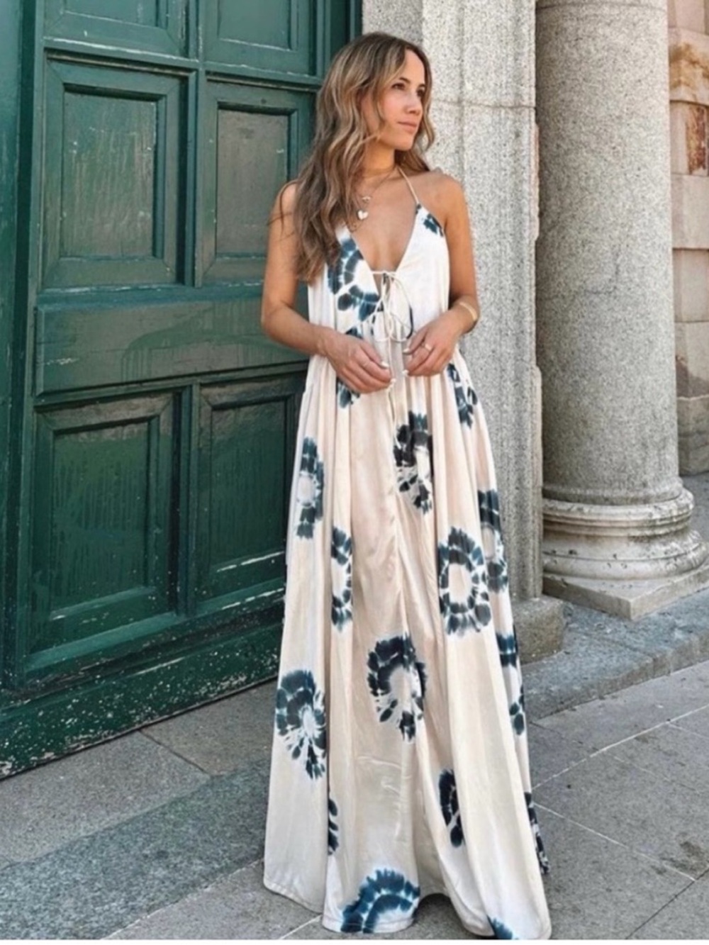 Boho Tie-Dye Maxi Dress in Cream and Navy